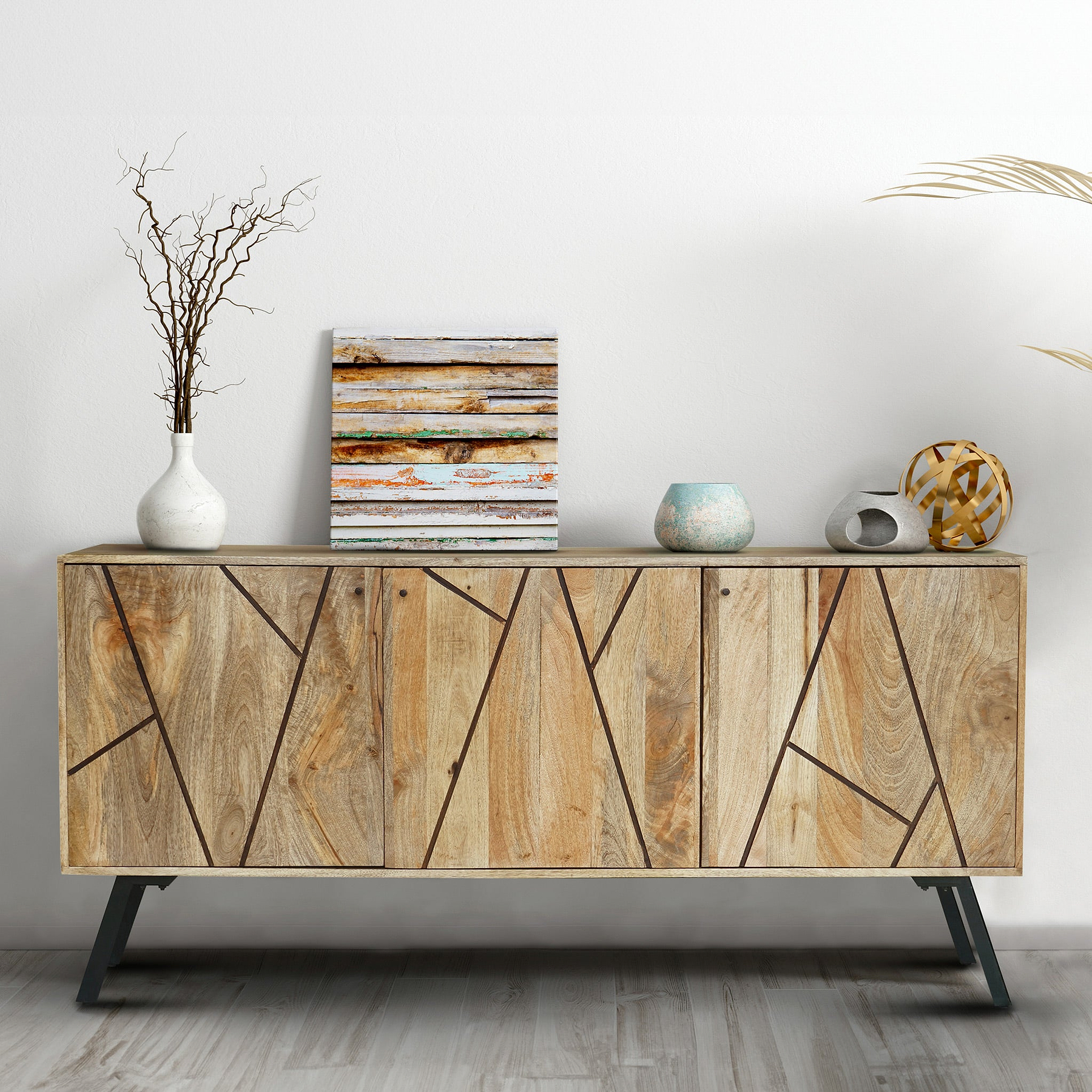 Maddox Grooved Mango Wood 3 Door Sideboard Cabinet for living room