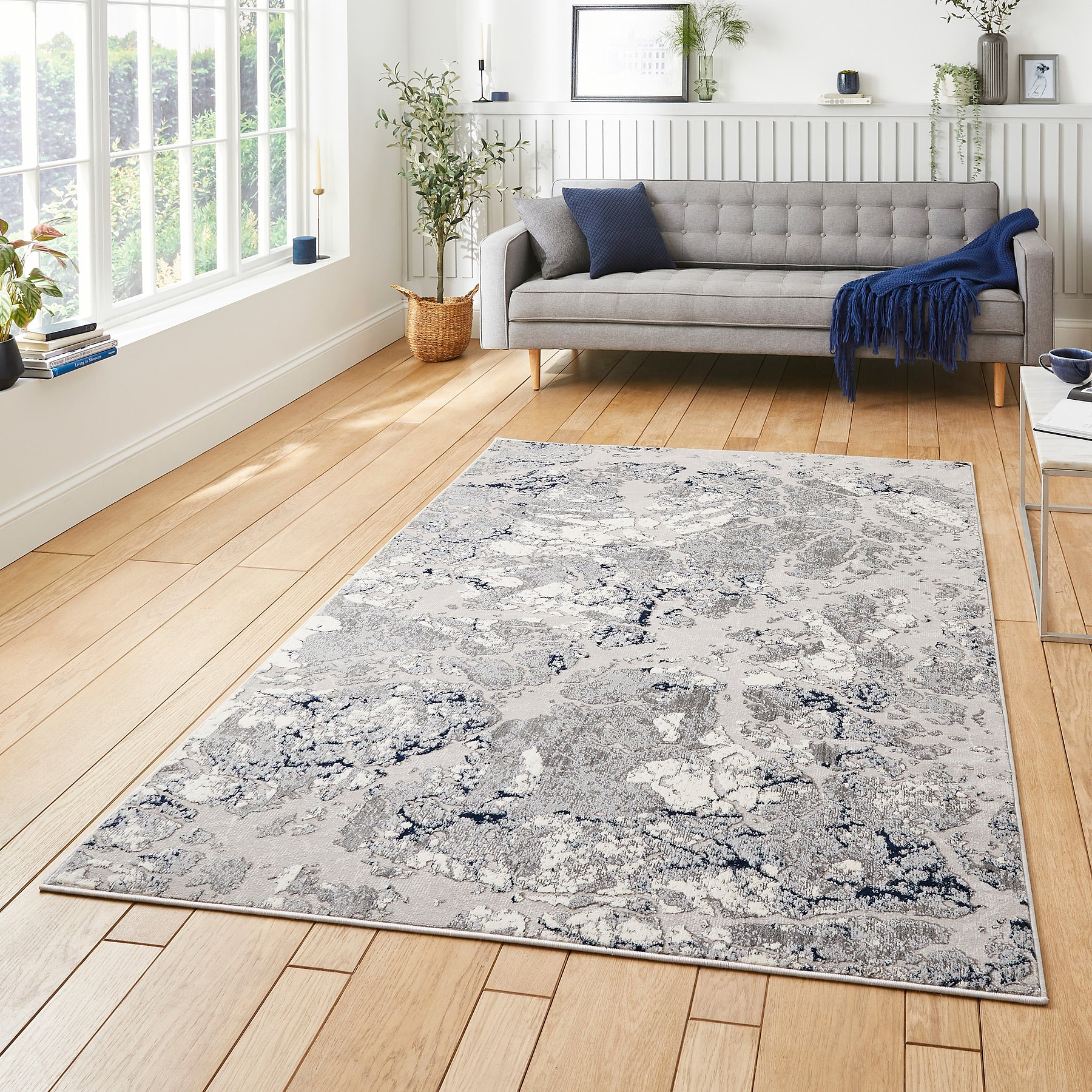 Aldrin Grey Navy Marble Effect Rug for living room