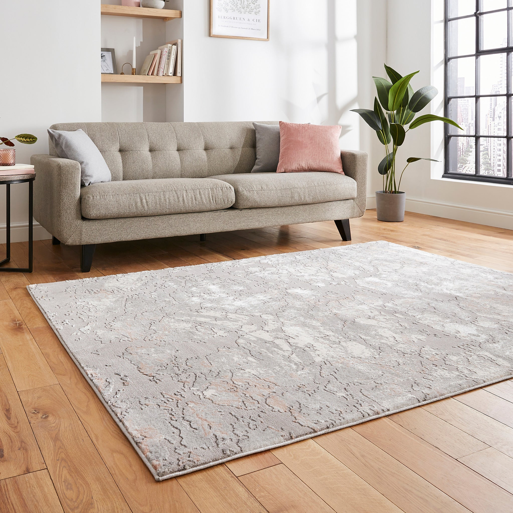 Aldrin Grey Rose Marble Effect Rug for bedroom