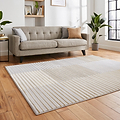 A tufted gray sofa with cushions rests in a warmly lit room featuring a wood floor, striped rug, potted plant, and framed wall art.