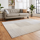 A tufted gray sofa with cushions rests in a warmly lit room featuring a wood floor, striped rug, potted plant, and framed wall art.