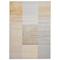 A vertically oriented rug displays a pattern of alternating horizontal stripes in various shades of brown, grey, and blue against a cream background.