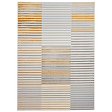 A vertically oriented rug displays a pattern of alternating horizontal stripes in various shades of brown, grey, and blue against a cream background.