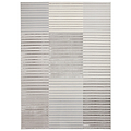 A textured rug with horizontal stripes in varying shades of gray and white creating a modern, simplistic design.