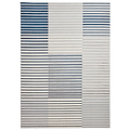 A patterned rug with alternating horizontal blue and grey stripes of varying thickness against a white background lies flat. There's no text present.