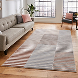 A striped area rug lies centrally on a wooden floor in a well-lit, modern room with furniture, including a sofa and chair, and a large window.