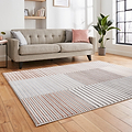 A beige sofa with cushions rests in a sunlit room, on wooden flooring with a striped rug in front. A plant sits by a window to the right.