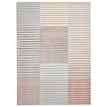 A rectangular rug with varied horizontal stripes in shades of grey, white, and red, displayed against a neutral background.