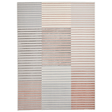 A rectangular rug with varied horizontal stripes in shades of grey, white, and red, displayed against a neutral background.