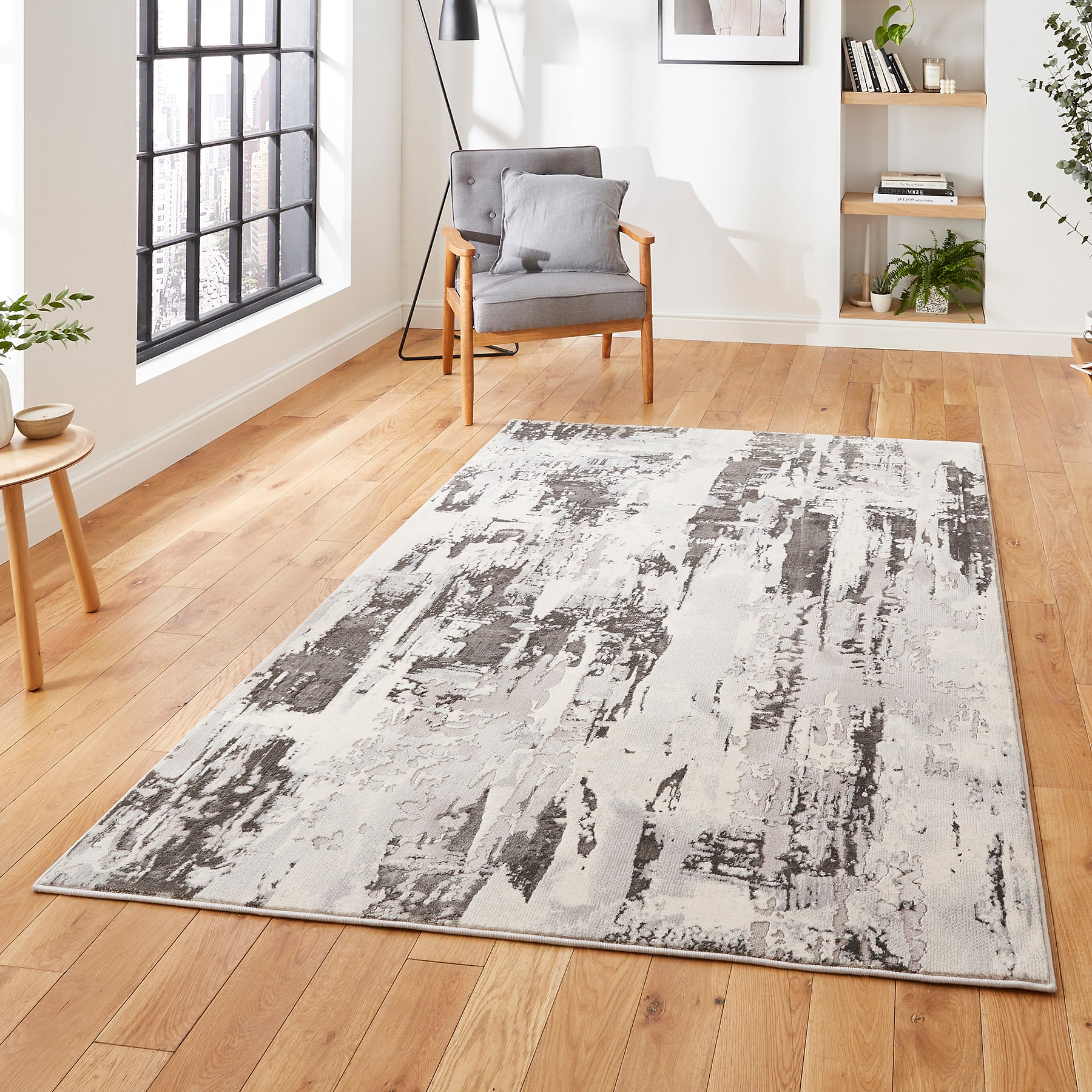 Aldrin Grey Ivory Distressed Patterned Rug for living room