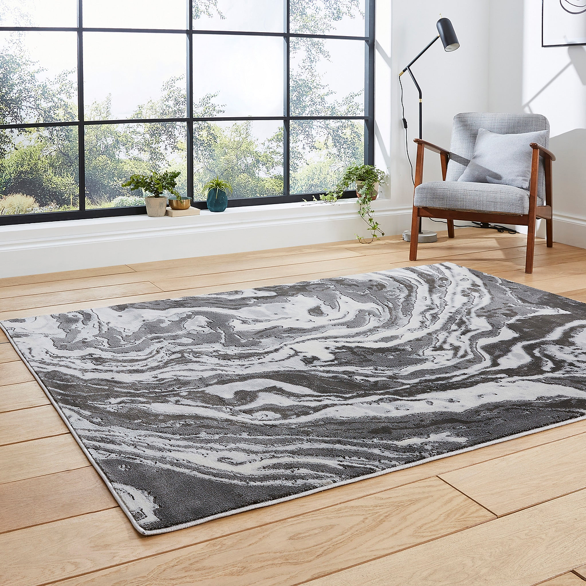 Aldrin Grey Marble Swirl Rug for bedroom