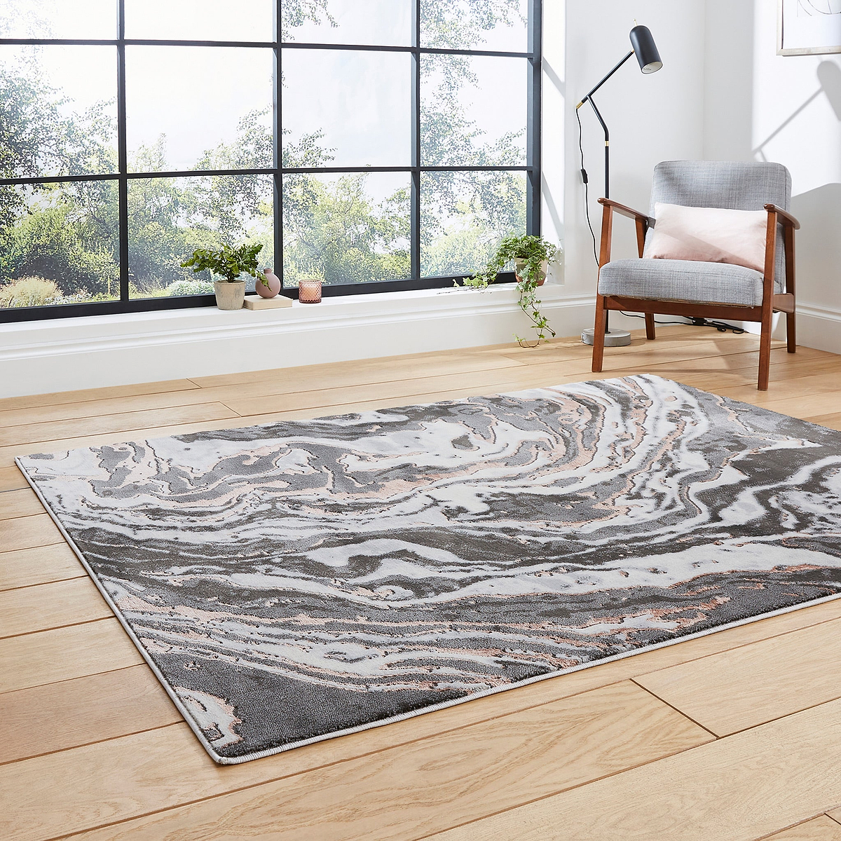 Aldrin Grey Rose Marble Swirl Rug for bedroom
