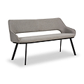 A modern two-seater sofa with curved backrest, light gray upholstery, and black angular legs, isolated against a white background.