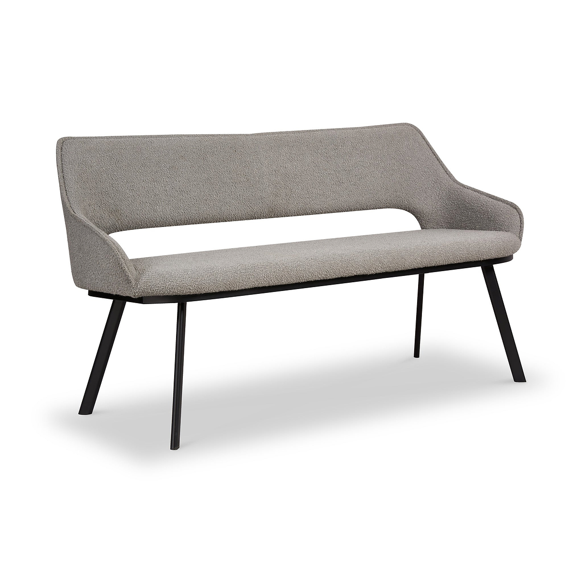 A modern two-seater sofa with curved backrest, light gray upholstery, and black angular legs, isolated against a white background.