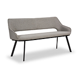 A modern two-seater sofa with curved backrest, light gray upholstery, and black angular legs, isolated against a white background.