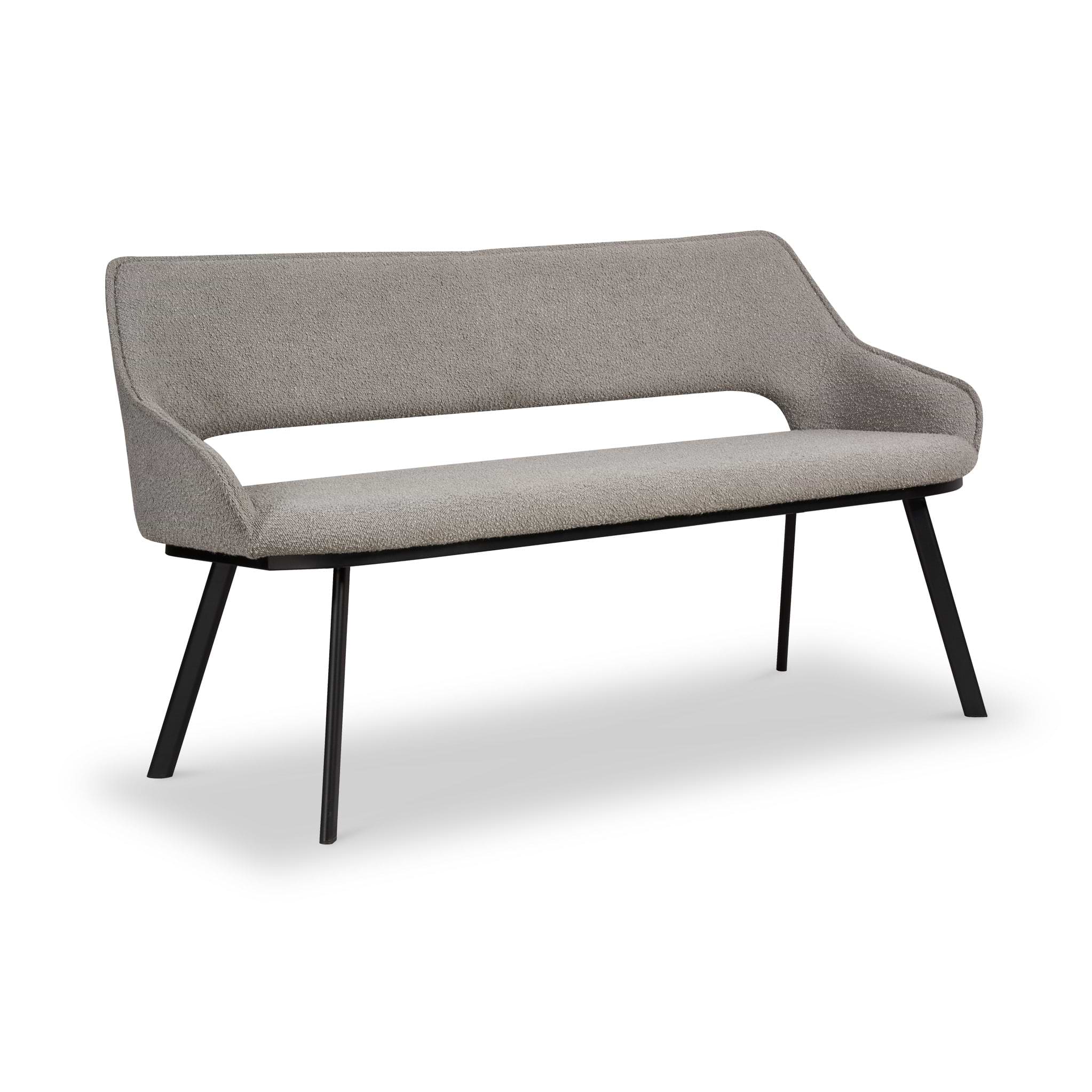 A modern two-seater sofa with curved backrest, light gray upholstery, and black angular legs, isolated against a white background.
