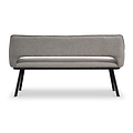 A modern grey fabric bench with a curved backrest and black angular legs, isolated against a white background.