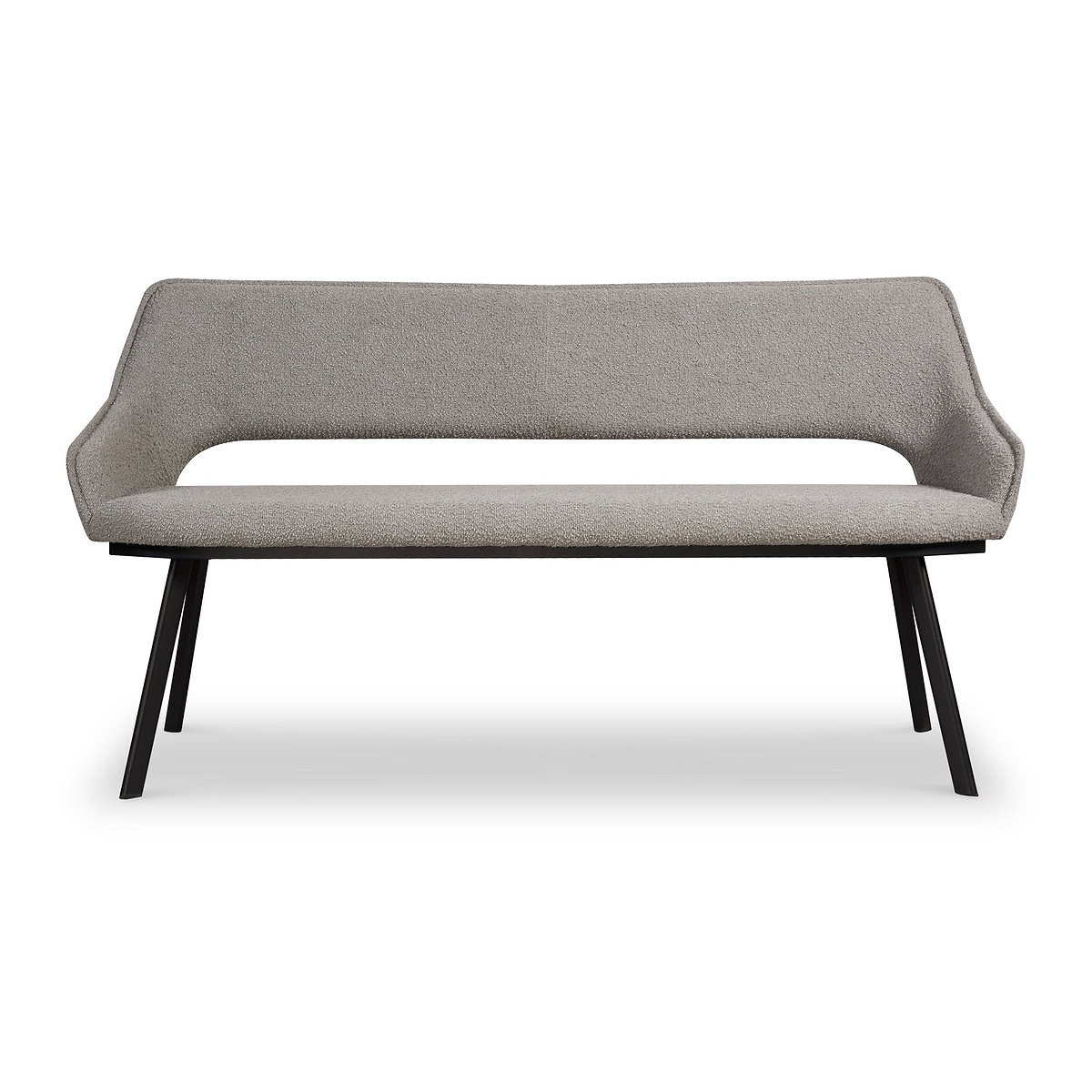 A modern gray fabric bench with a high backrest and angled black metal legs stands isolated against a white background.