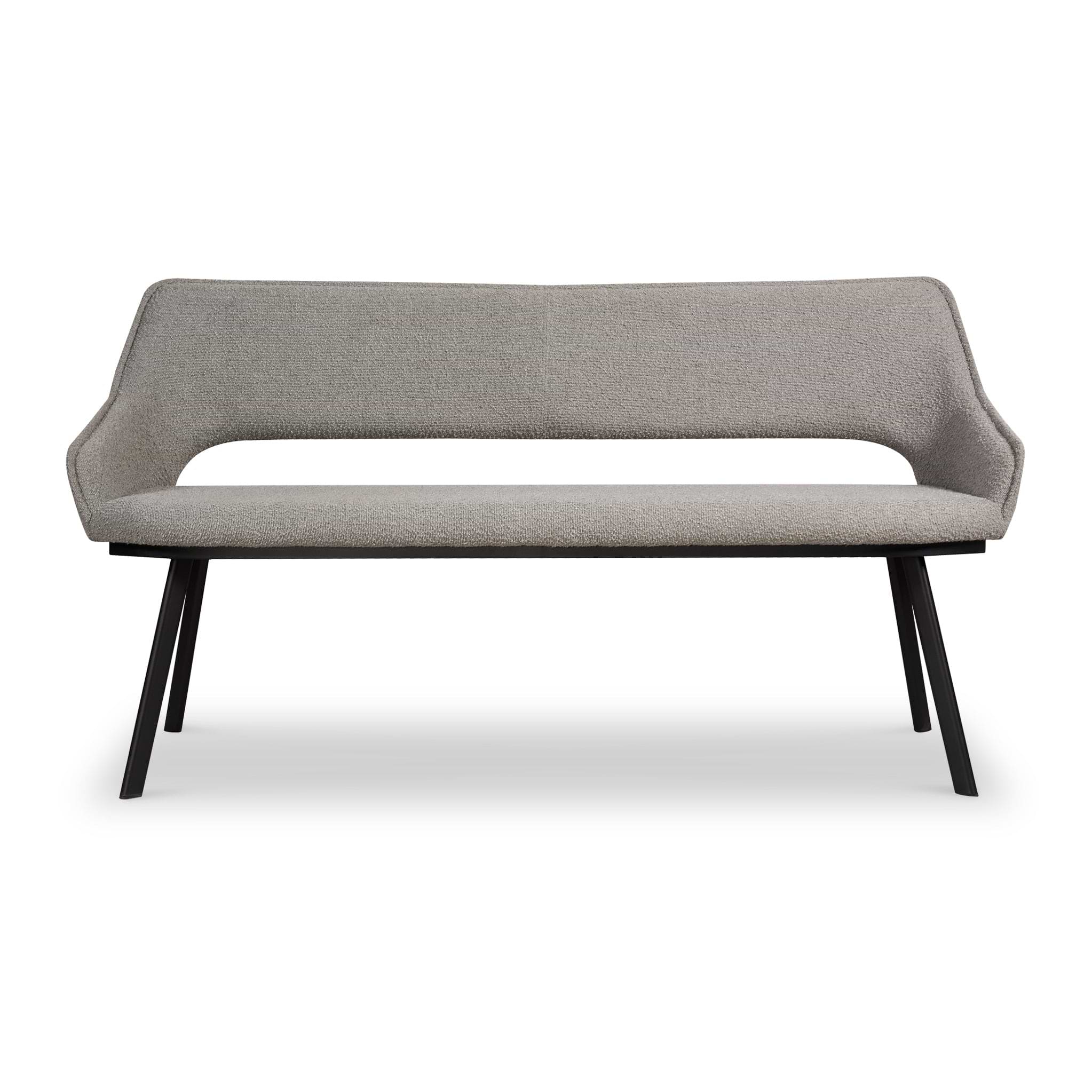 A modern gray fabric bench with a high backrest and angled black metal legs stands isolated against a white background.