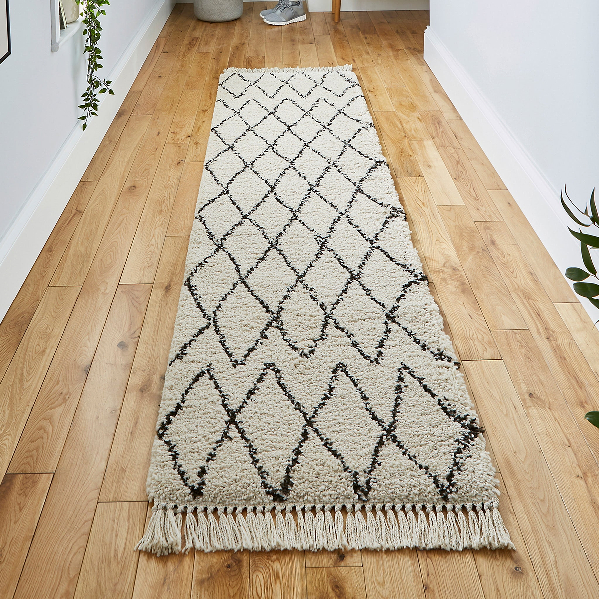 Edie Boho Beige Diamond Shaggy Runner Rug for hallway