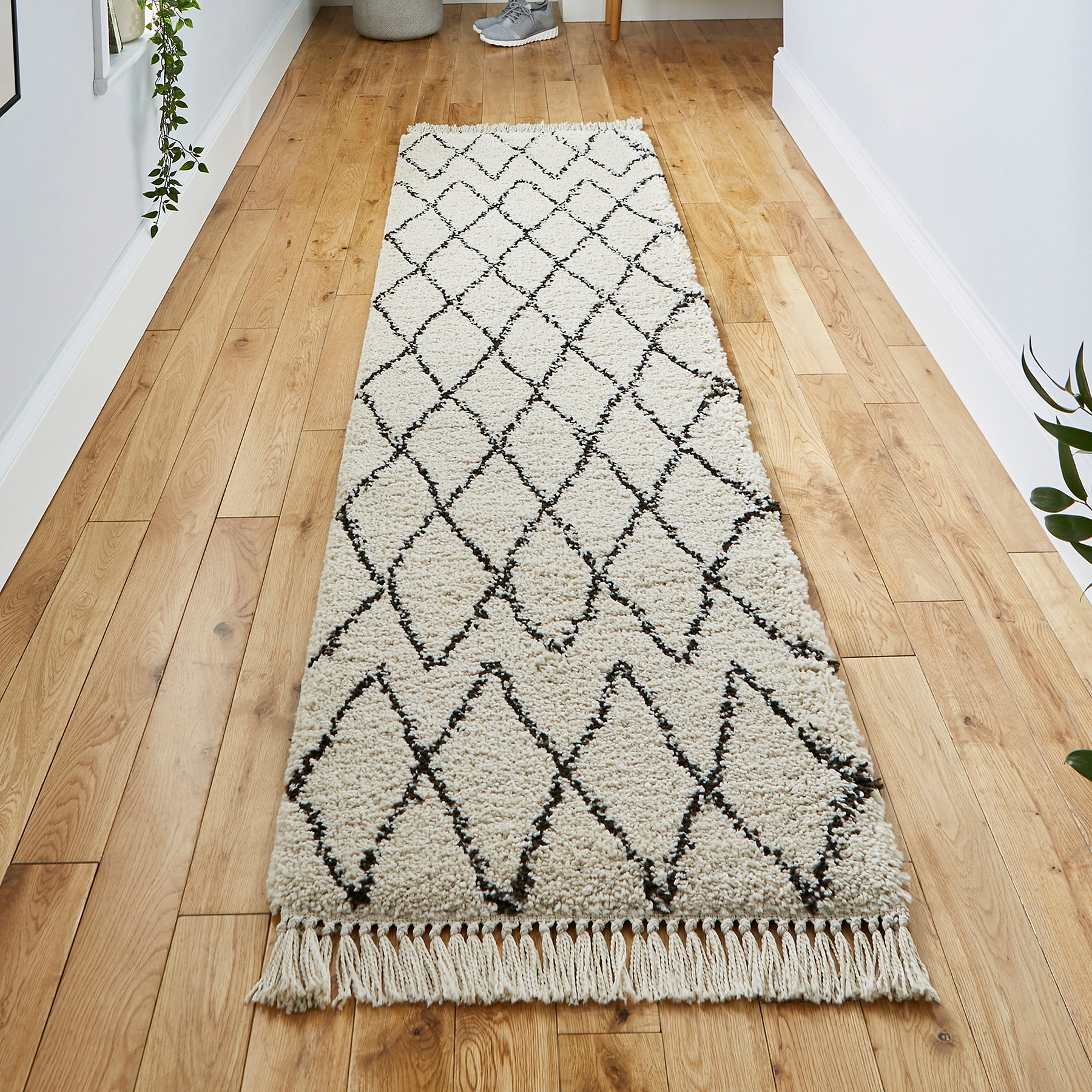 Edie Boho Beige Diamond Shaggy Runner Rug for hallway