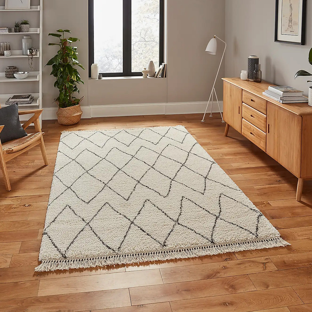 Edie Boho Cream Diamond Shaggy Rug for living room or bedroom