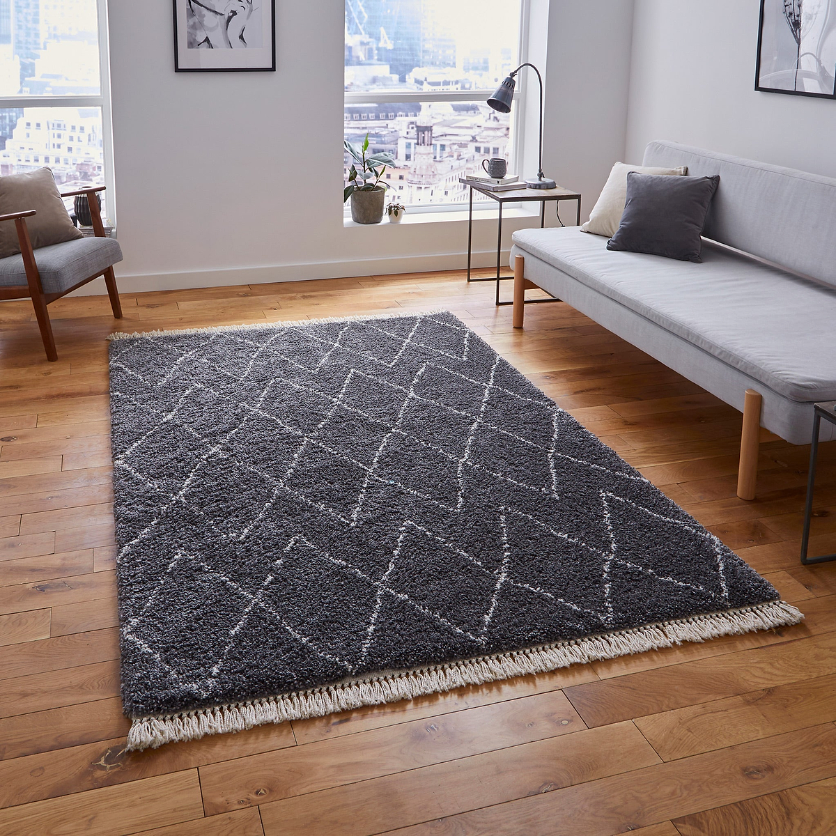 Edie Boho Grey Diamond Shaggy Rug for living room or bedroom