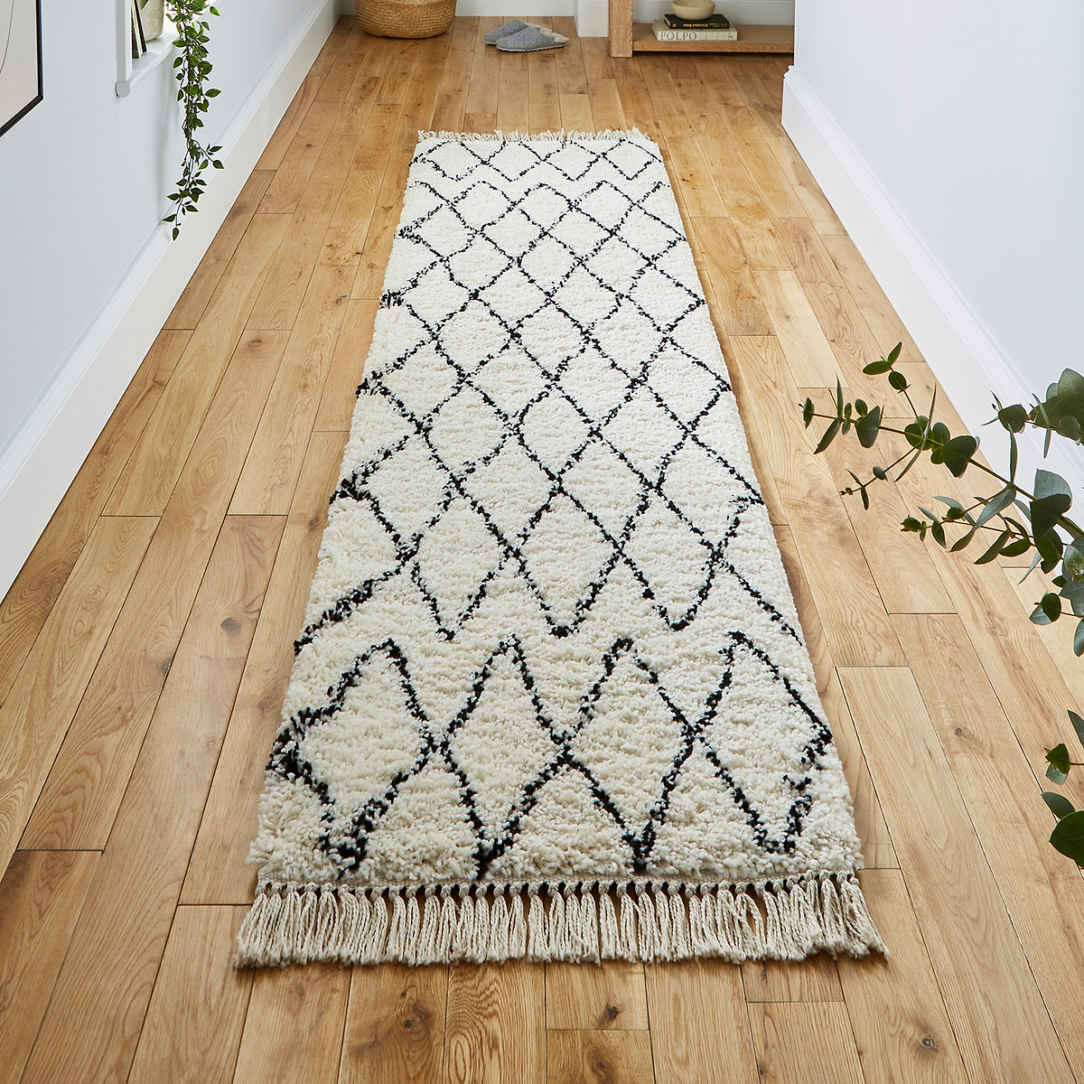 Edie Boho White Diamond Shaggy Runner Rug for hallway