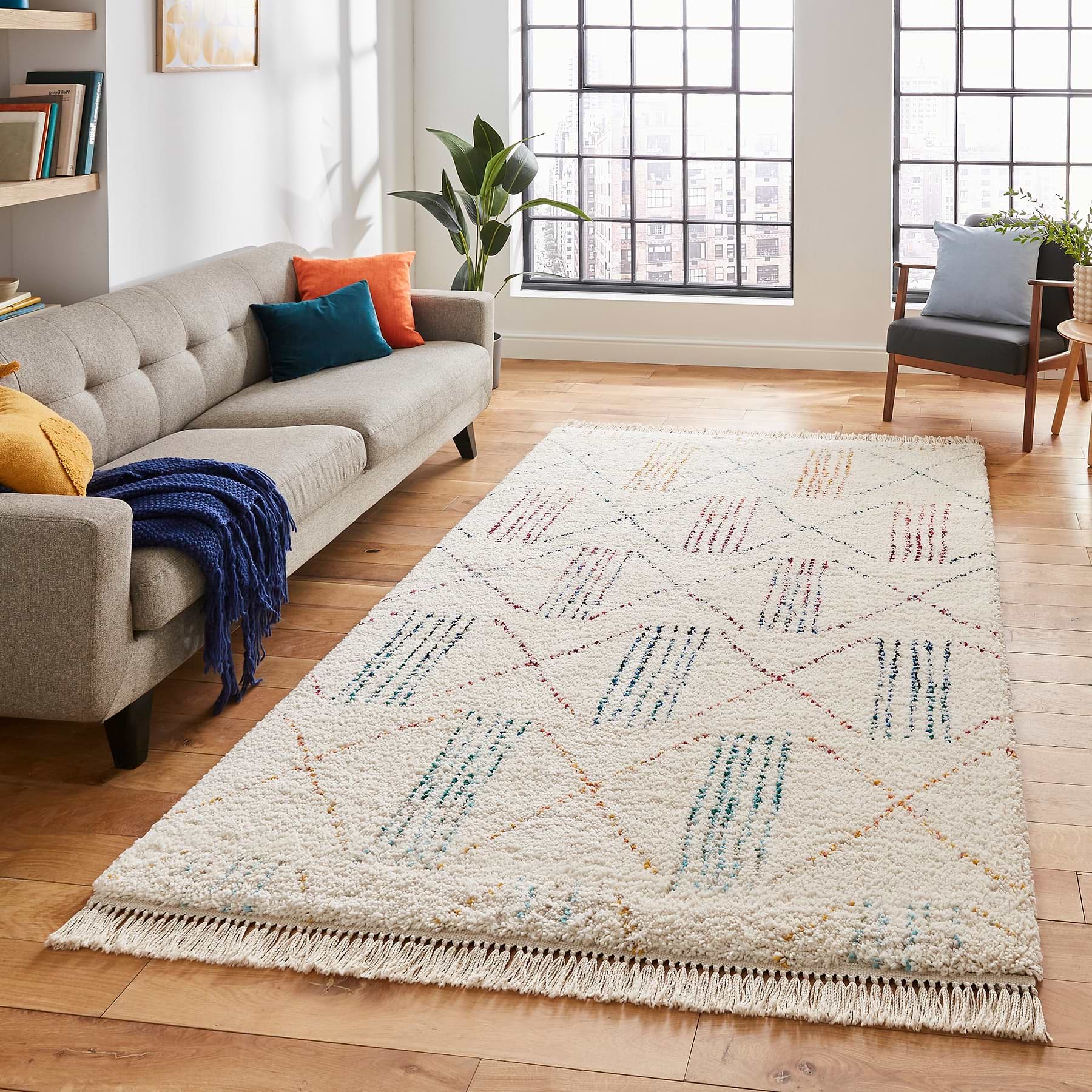 Coloured Rug Edie Boho Moroccan Multi Coloured Patterned Shaggy Rectangular Rug for ...