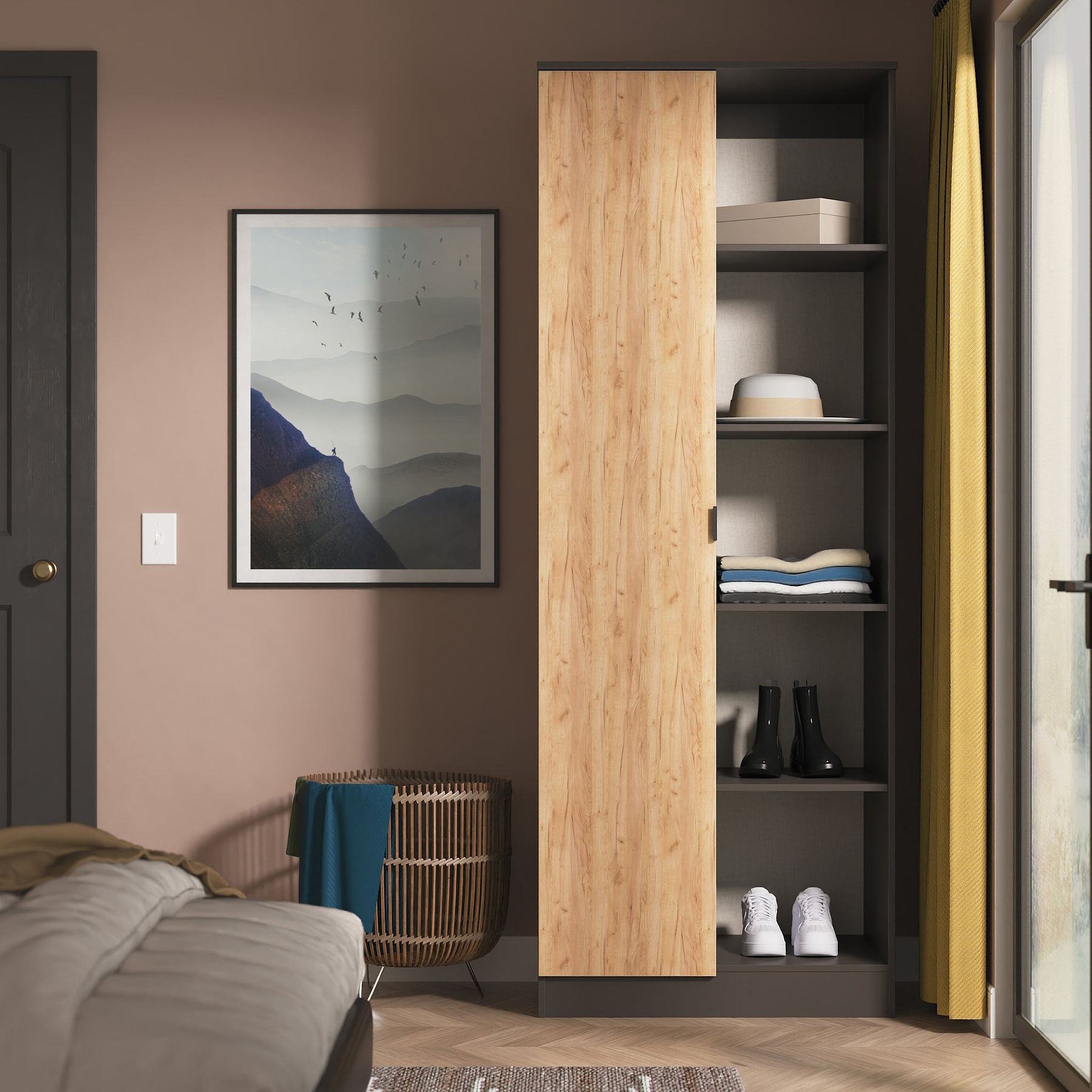 Huxley 1 Door Wardrobe With Open Shelves Oak Graphite from Roseland Furniture