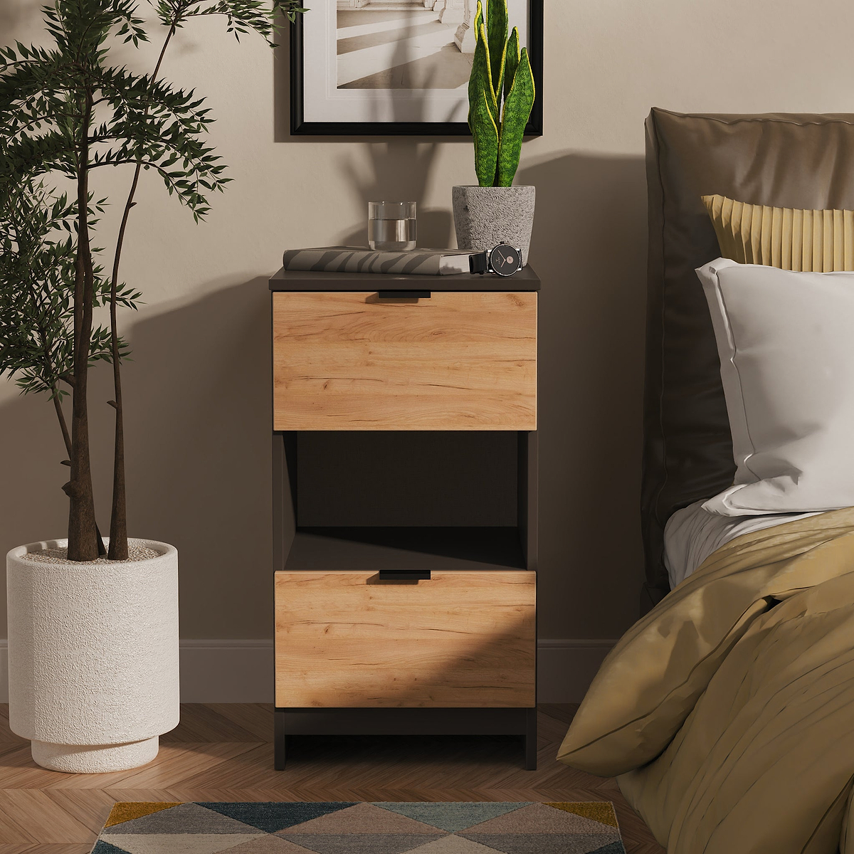 Huxley 2 Drawer Bedside Oak Graphite from Roseland Furniture