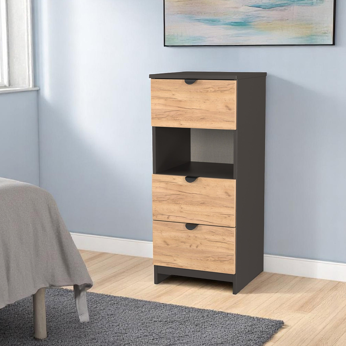 Huxley 3 Drawer Bedside Oak Graphite from Roseland Furniture