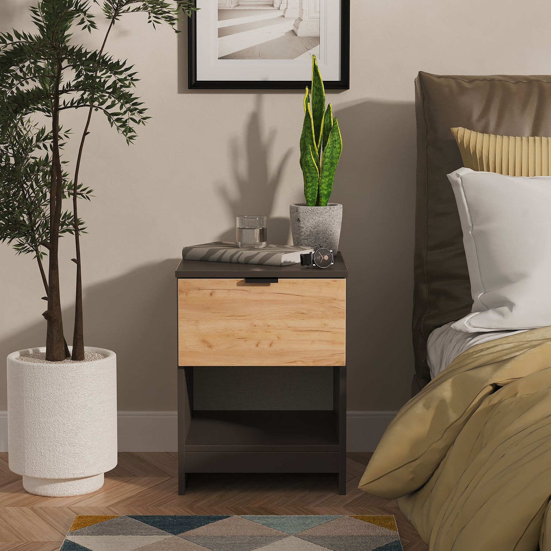 Huxley 1 Drawer Bedside Oak Graphite from Roseland Furniture