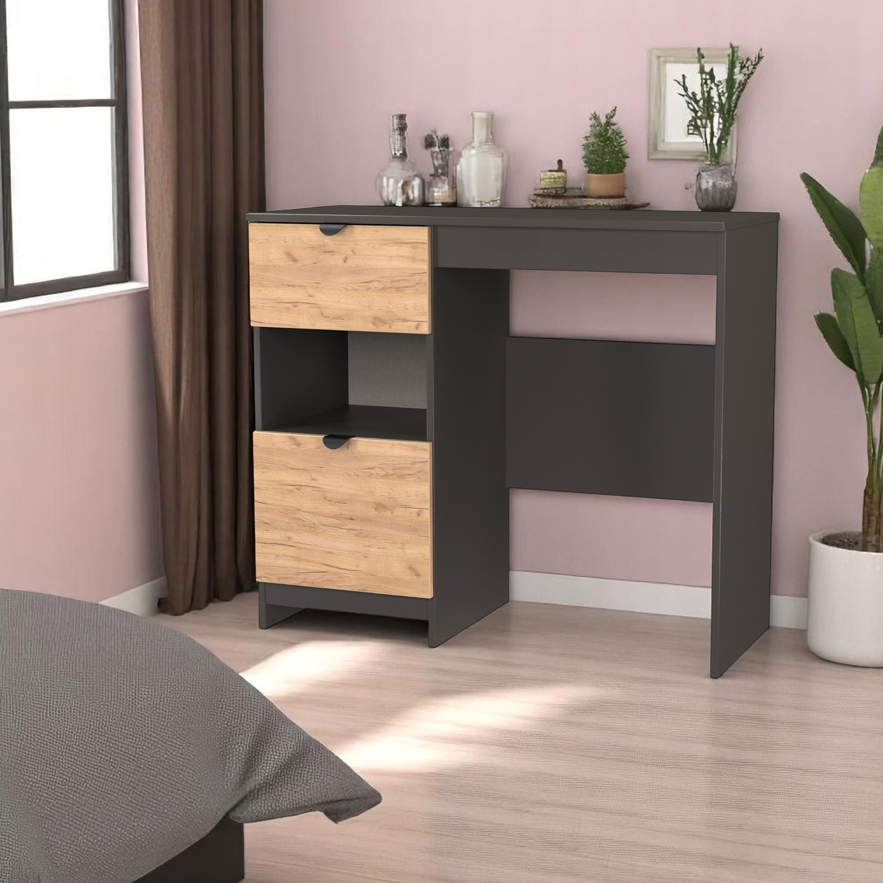 Huxley 2 Drawer Dressing Table Oak Graphite from Roseland Furniture