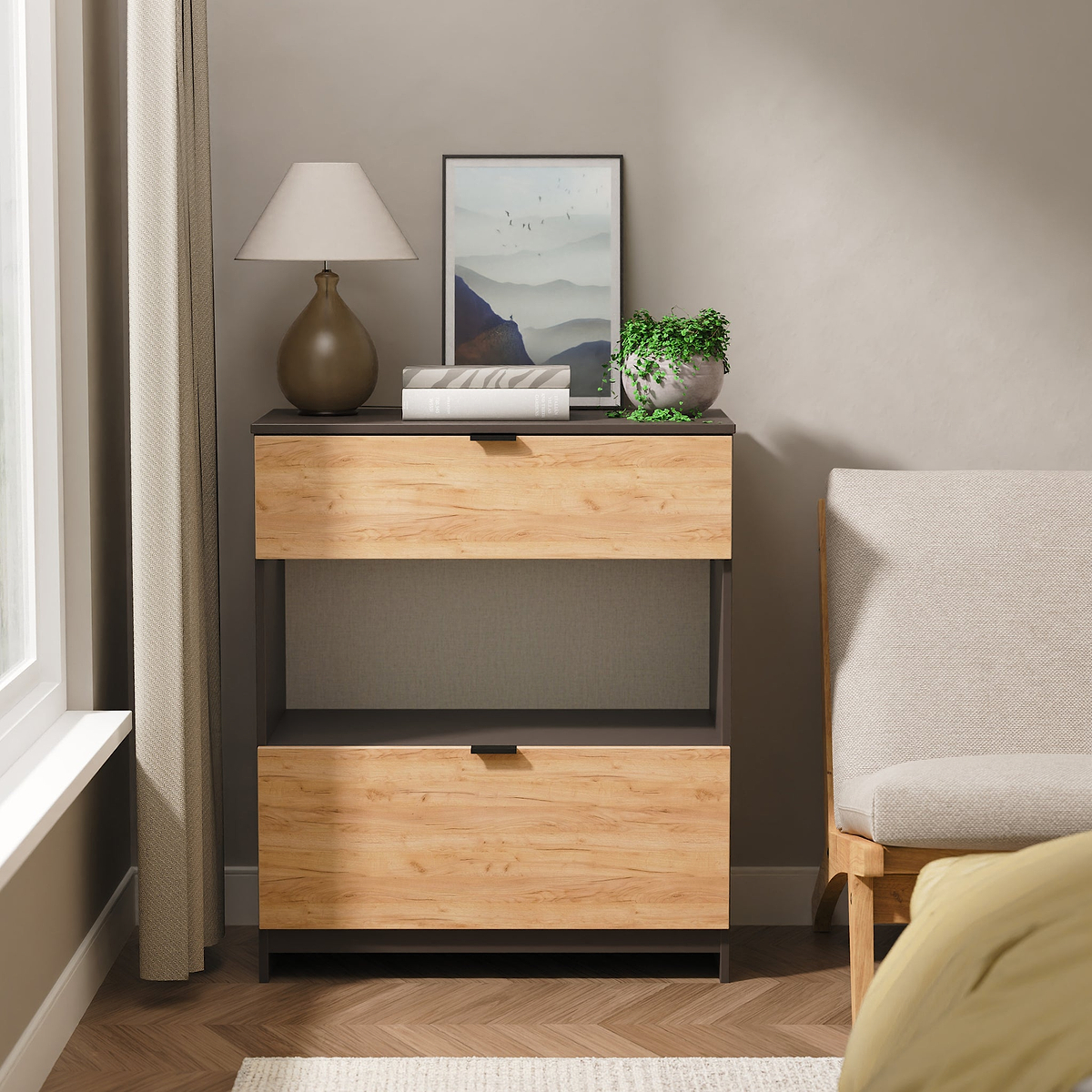 Huxley 2 Drawer Deep Chest Oak Graphite from Roseland Furniture