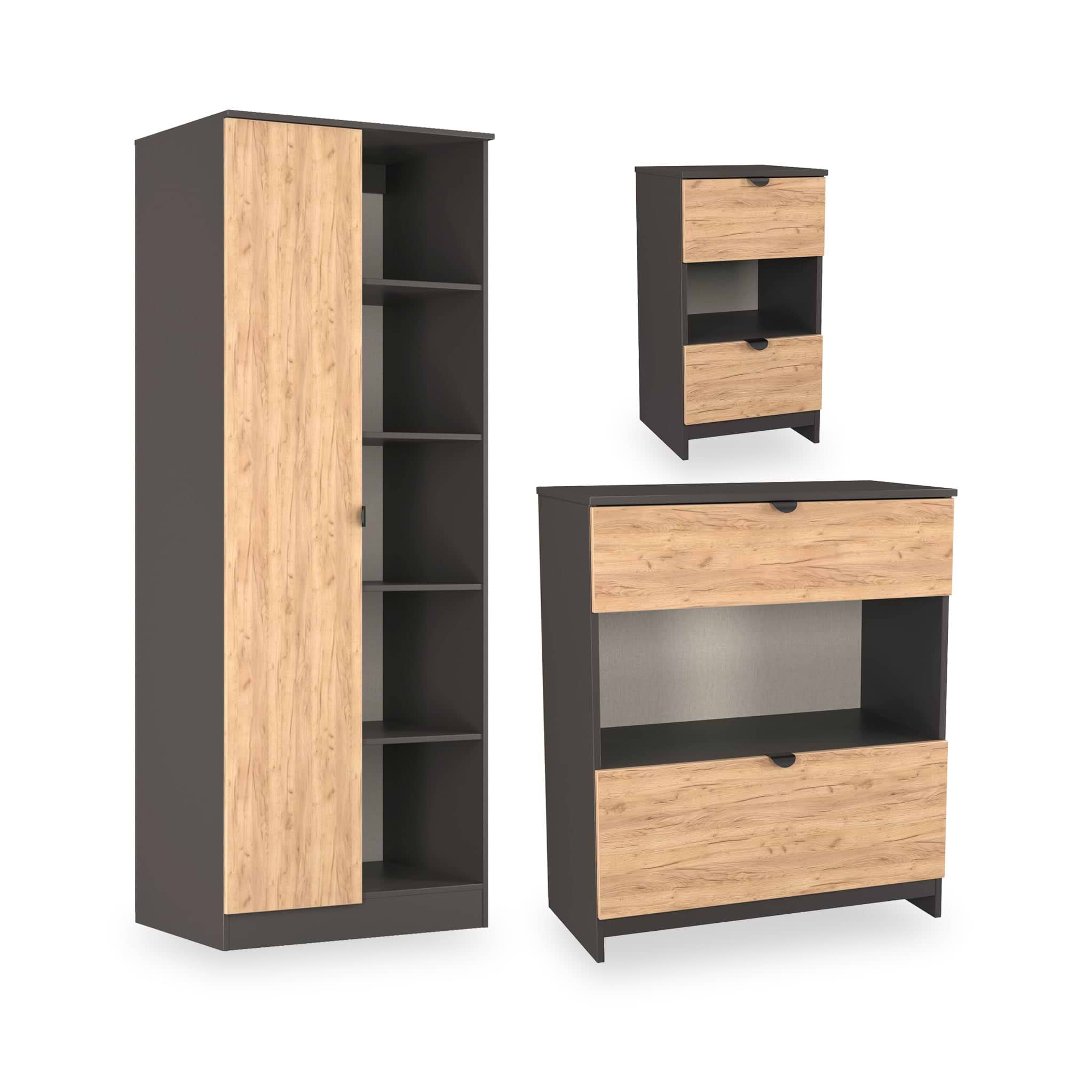 Huxley 3 Piece Bedroom Furniture Set Oak Graphite from Roseland Furniture