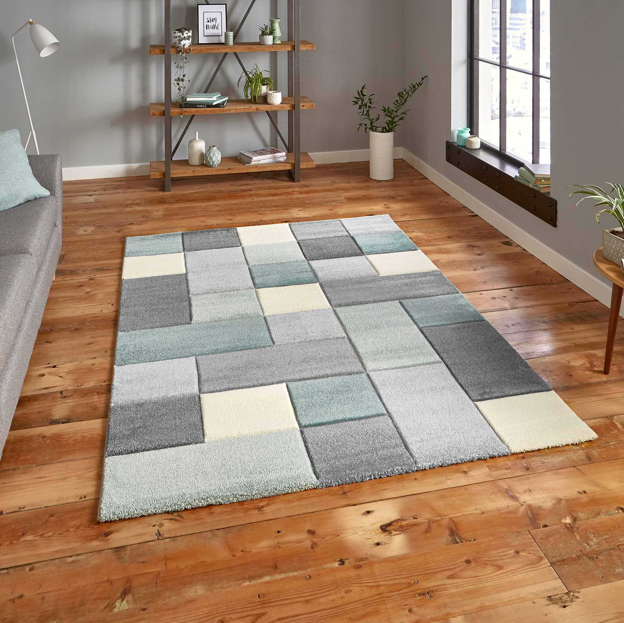 Brockton Grey  Blue Square Patterned Hand Carved Rug for living room