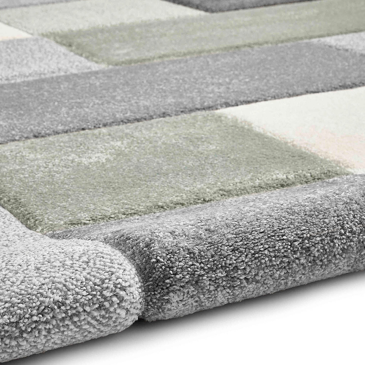 Brockton Green Grey Square Patterned Hand Carved Rug