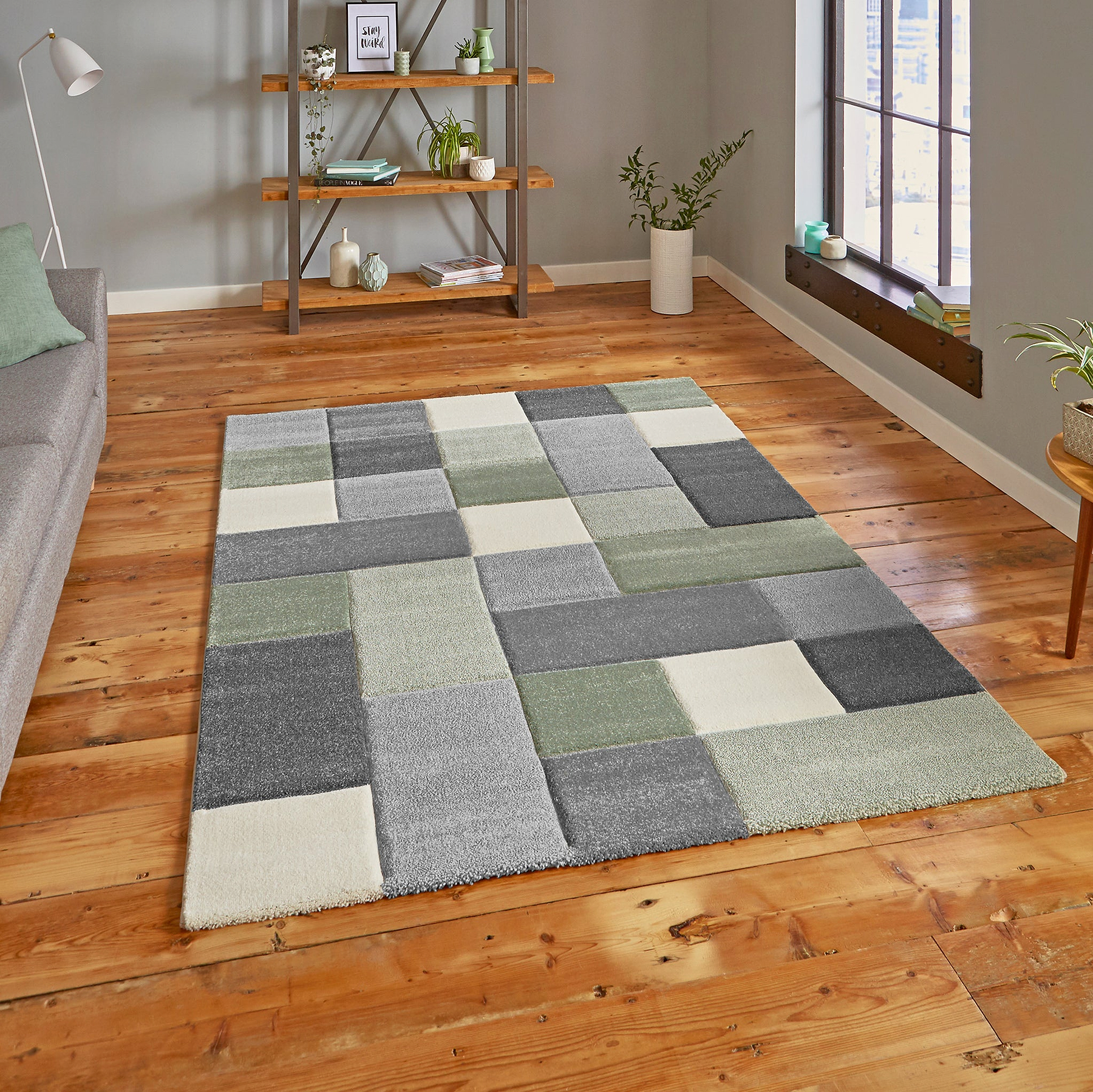 Brockton Green Grey Square Patterned Hand Carved Rug for living room