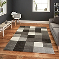 Brockton Grey Cream Square Patterned Hand Carved Rug for living room