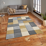 Brockton Yellow Beige Square Patterned Hand Carved Rug for living room