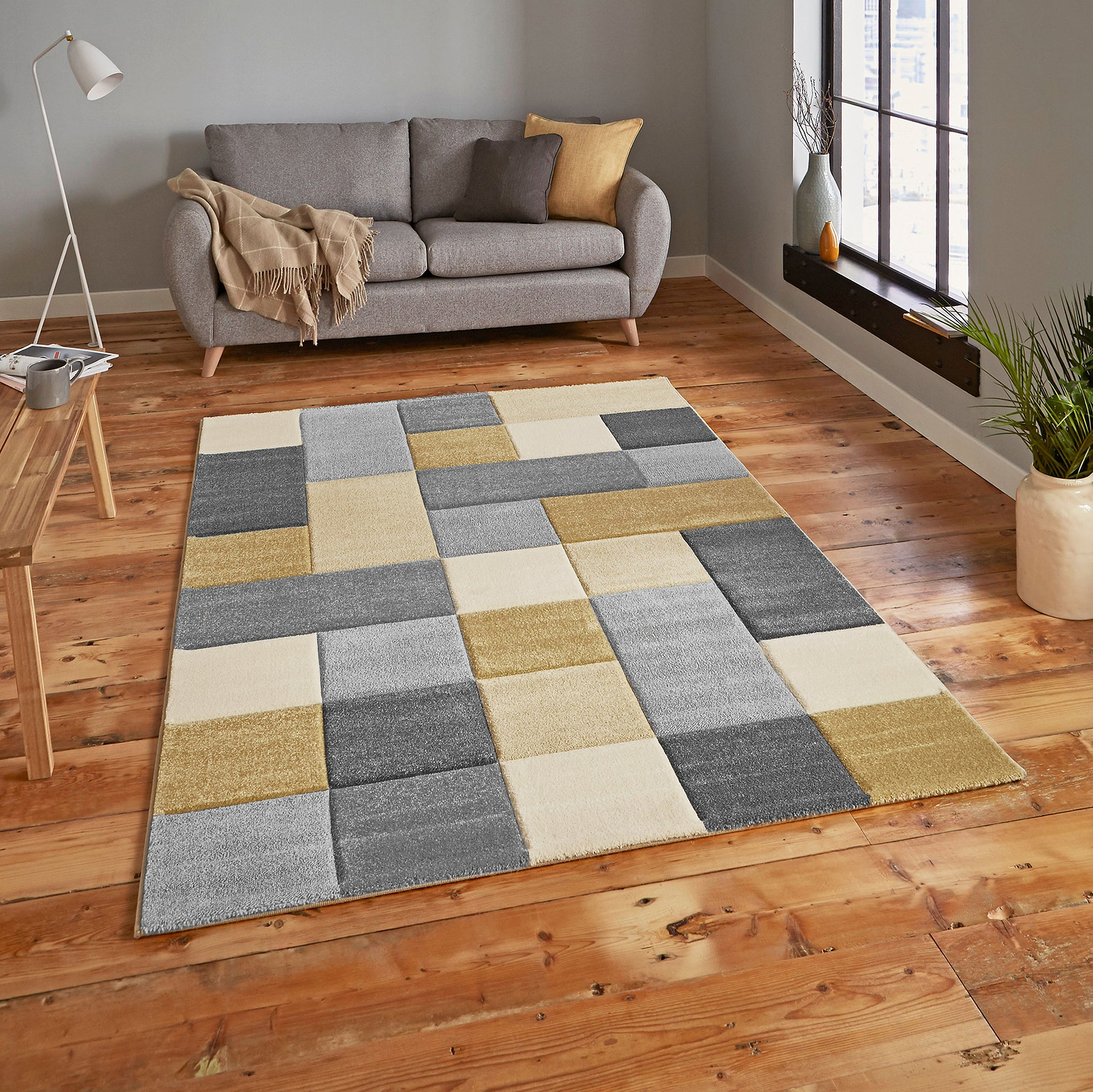 Brockton Yellow Beige Square Patterned Hand Carved Rug for living room