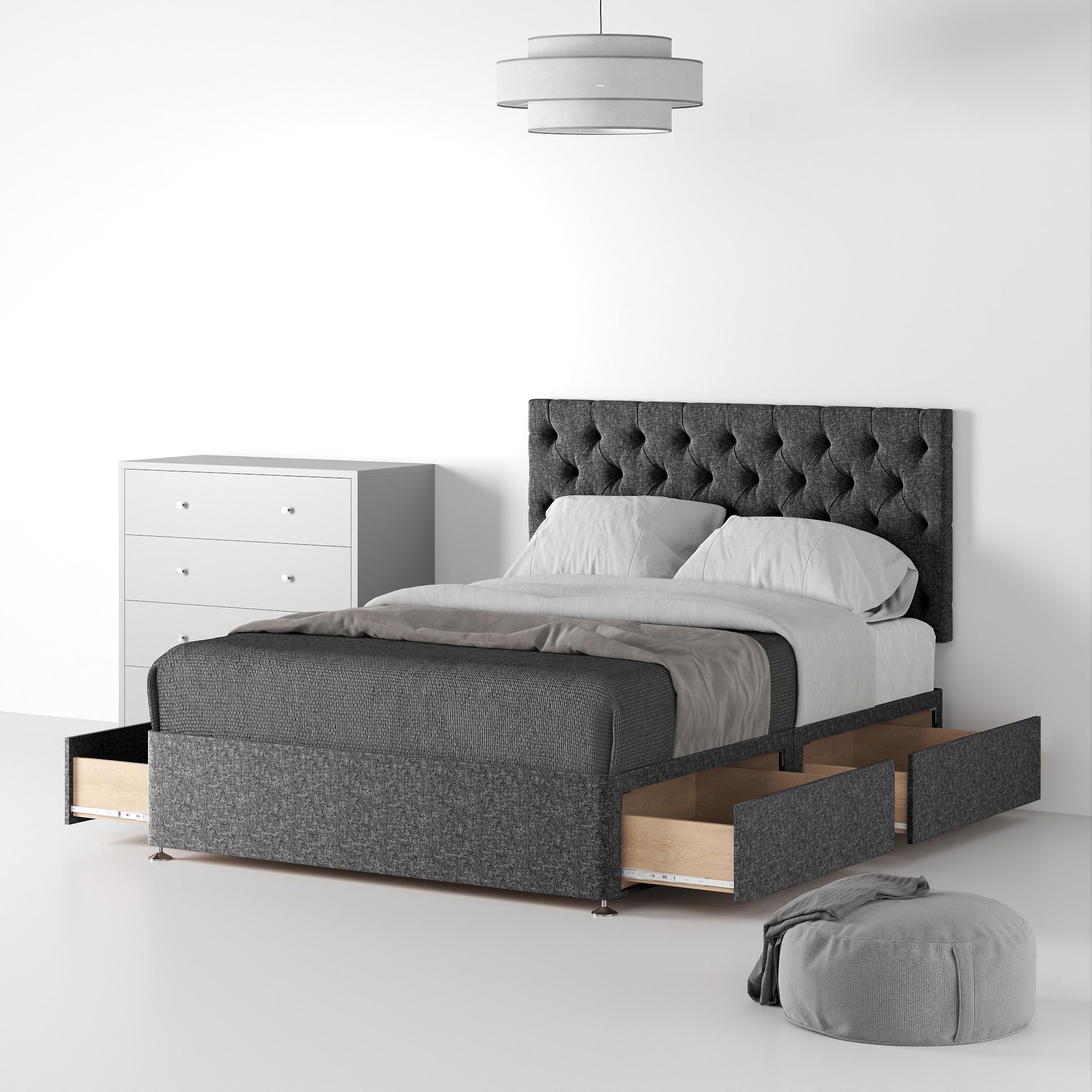 Farrow-Diamond-26HB-Divan-Linen-Look-SD-SK-4-Drawers-Linen-Charcoal from Roseland Furniture