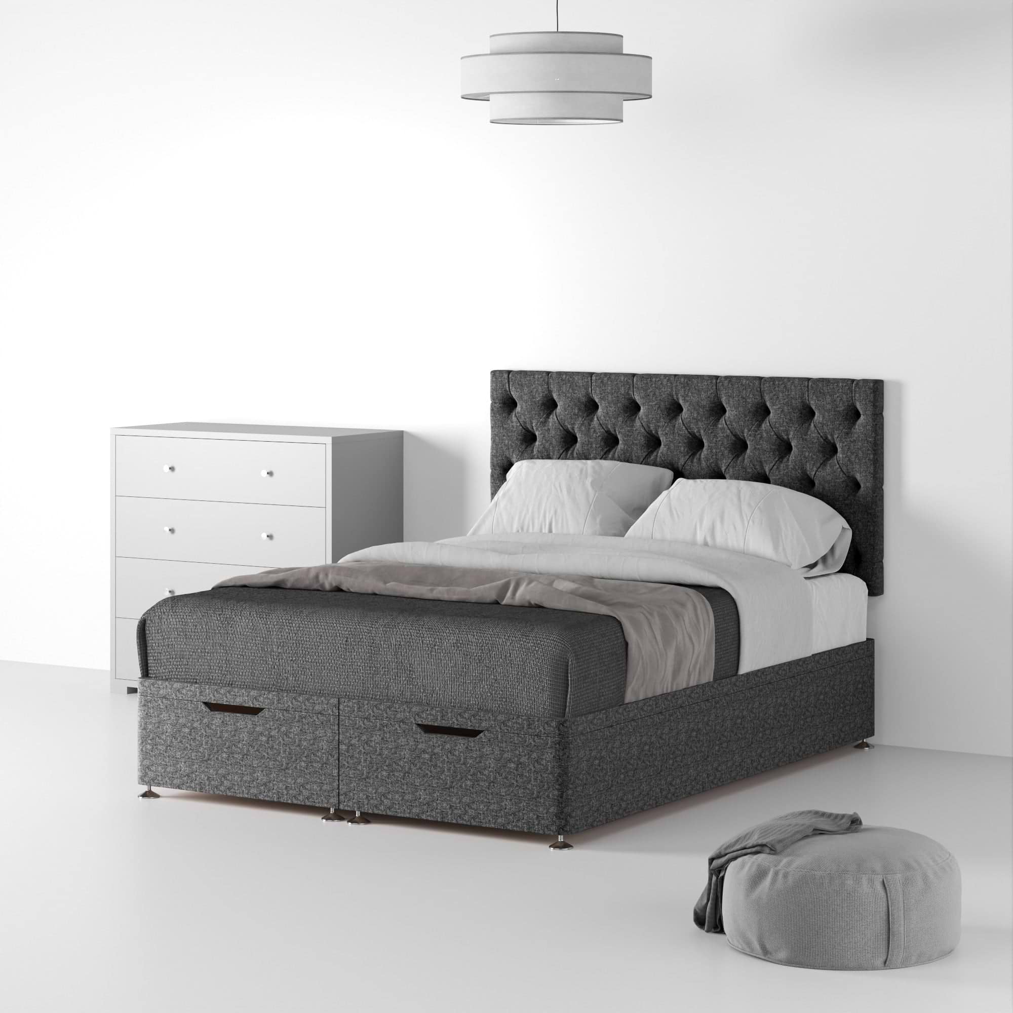 Farrow Diamond Charcoal Linen Ottoman Divan Bed and Headboard from Roseland Furniture