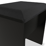 A modern, black ottoman with a textured fabric surface and simplistic design is present, isolated on a white background.