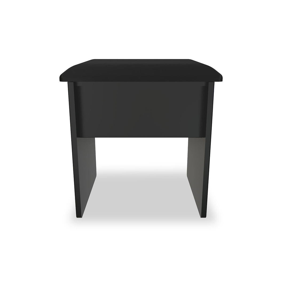 A black, rectangular bedside table with a simple design stands against a white background.
