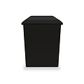 A black rectangular trash bin with a lid, standing stationary against a white background.