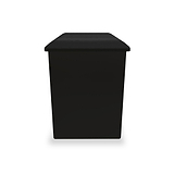 A black rectangular trash bin with a lid, standing stationary against a white background.