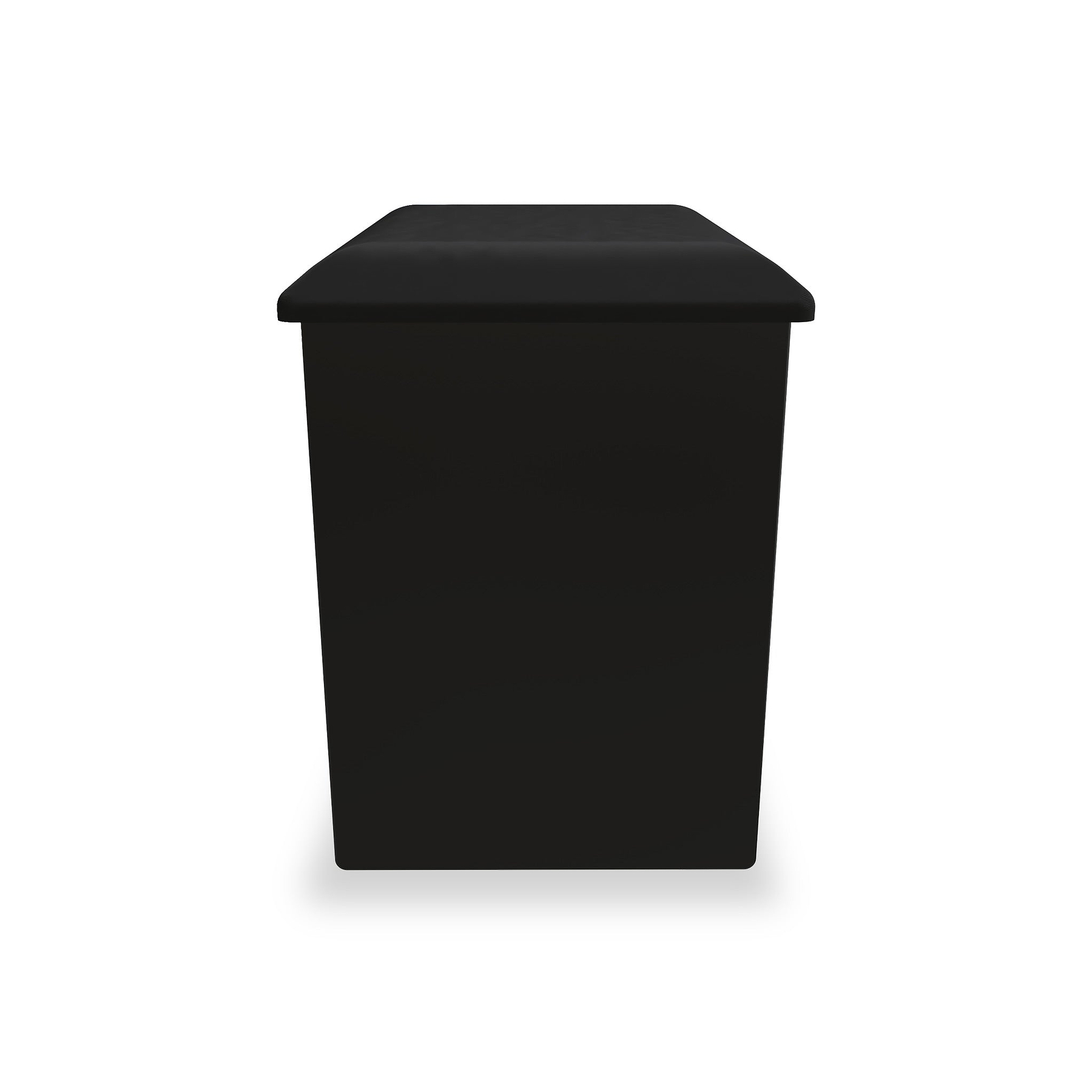 A black rectangular trash bin with a lid, standing stationary against a white background.