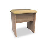 A simple wooden stool with a beige cushioned top, isolated against a white background.